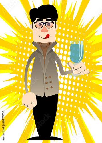 Funny cartoon man dressed for winter with a glass of water. Vector illustration.