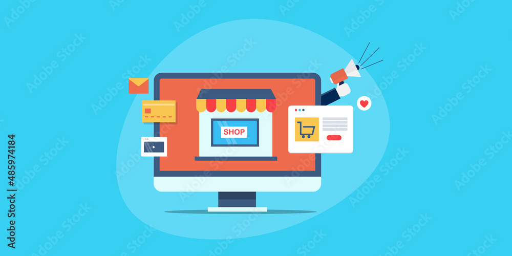 Ecommerce shopping website store on desktop screen, online order, credit card payment, digital marketing strategy for online shopping application, web banner template.