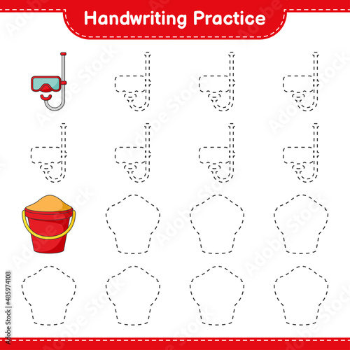Handwriting practice. Tracing lines of Sand Bucket and Scuba Diving Mask. Educational children game, printable worksheet, vector illustration