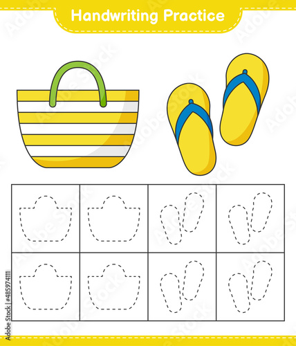 Handwriting practice. Tracing lines of Beach Bag and Flip Flop. Educational children game, printable worksheet, vector illustration