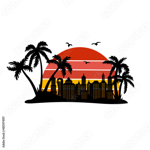 city silhouette vector logo. sunset silhouette palm vector logo. tropical landscape with palm trees vector in orange. miami vector silhouette logo. vector art eps