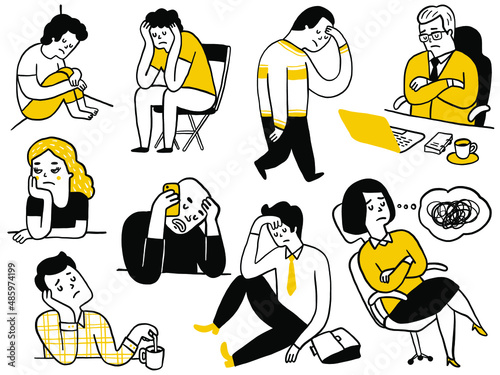 Different people in sad expression, cute doodle character design. Multiracial, diversity,  man and woman, various outline, hand drawn sketch, simple design.