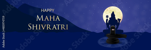 Maha Shivratri with Shivling, Lingam, Moon, Night Sky, silhouette, Himalayas, and Mandala. Traditional Hindu Festival Poster Banner Design Template, Website header Vector Illustration