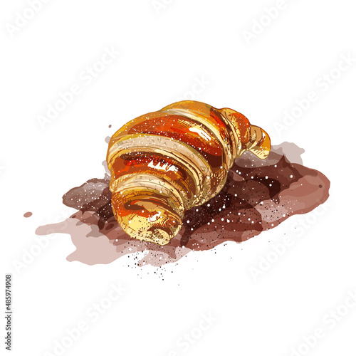 488_croissant_croissant, colorful vector fresh dessert, watercolor. hand drawn bakery icon for cafe menu design, labels and packaging