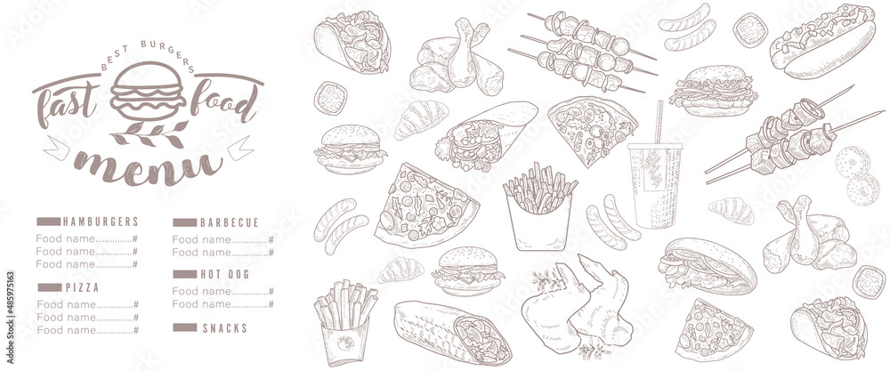 Fast food menu, engraved sketch. Classic burger, package of French fries, fried crispy chicken leg, barbecue, grilled sausages, shawarma, hot dog and pizza.