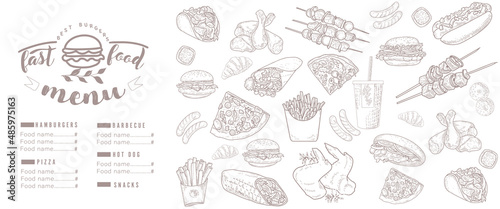 Fast food menu, engraved sketch. Classic burger, package of French fries, fried crispy chicken leg, barbecue, grilled sausages, shawarma, hot dog and pizza.