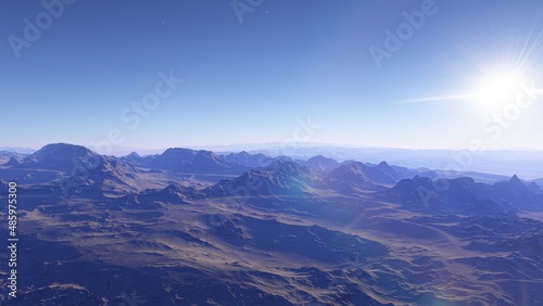 science fiction illustration, alien planet landscape with strange rock formations, fictional space scene, rocky hills and mountains 