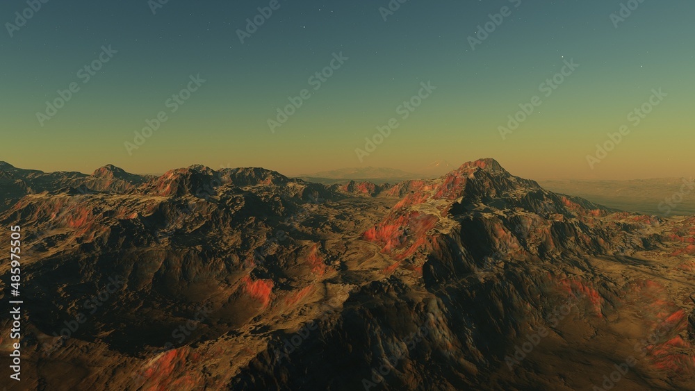 science fiction illustration, alien planet landscape with strange rock formations, fictional space scene, rocky hills and mountains	
