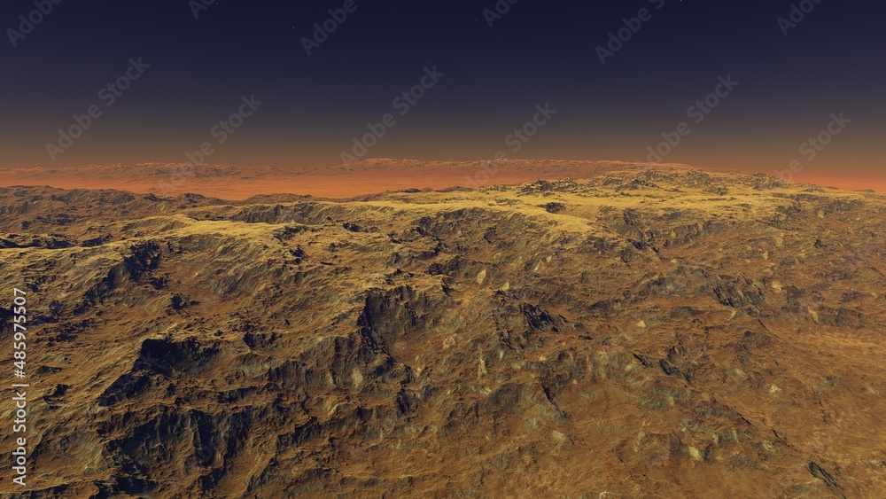 science fiction illustration, alien planet landscape with strange rock formations, fictional space scene, rocky hills and mountains	
