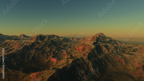 science fiction illustration, alien planet landscape with strange rock formations, fictional space scene, rocky hills and mountains 