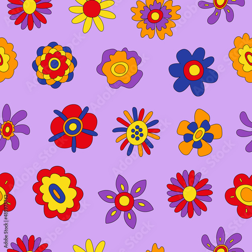 Retro seamless pattern of colorful hippie flowers on a purple background.  Vintage festive groovy botanical design. Trendy vector illustration in 70s and 80s style.  