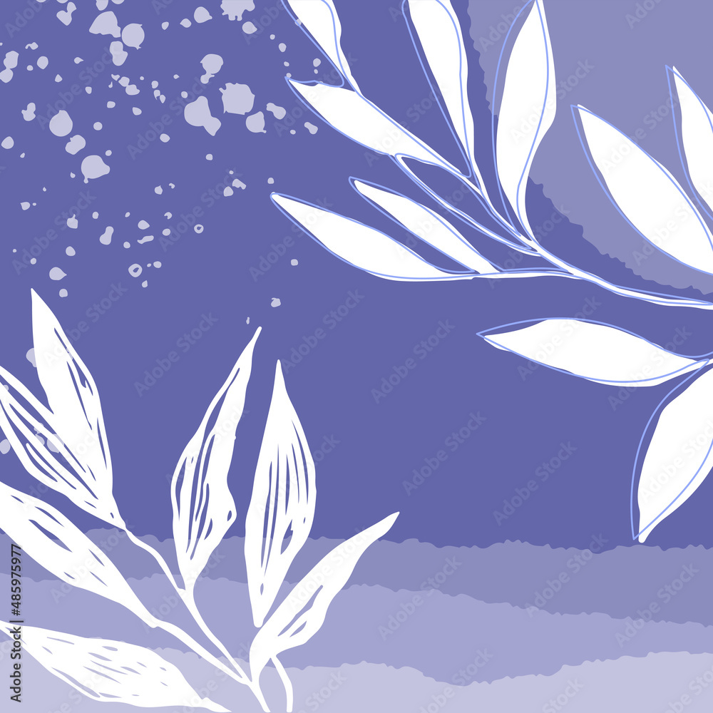 Abstract purple background in a trendy very peri palette. Minimalist leaves and plants banner
