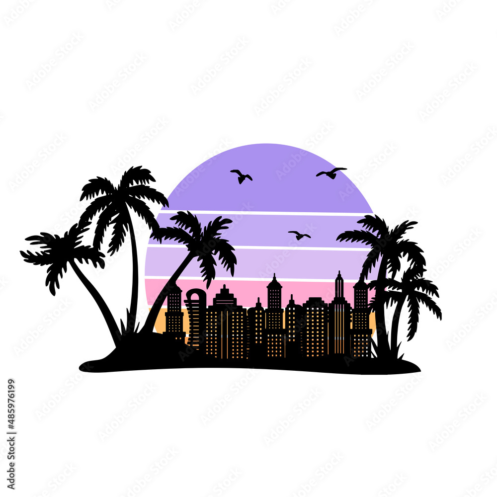 Fototapeta premium city silhouette vector logo. sunset silhouette palm vector logo. tropical landscape with palm trees vector in very peri. miami vector silhouette logo very peri. vector art eps