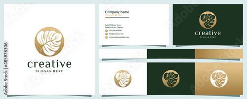 Luxury monstera leaf logo design with business card