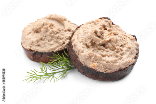 Slices of bread with delicious pate and dill on white background