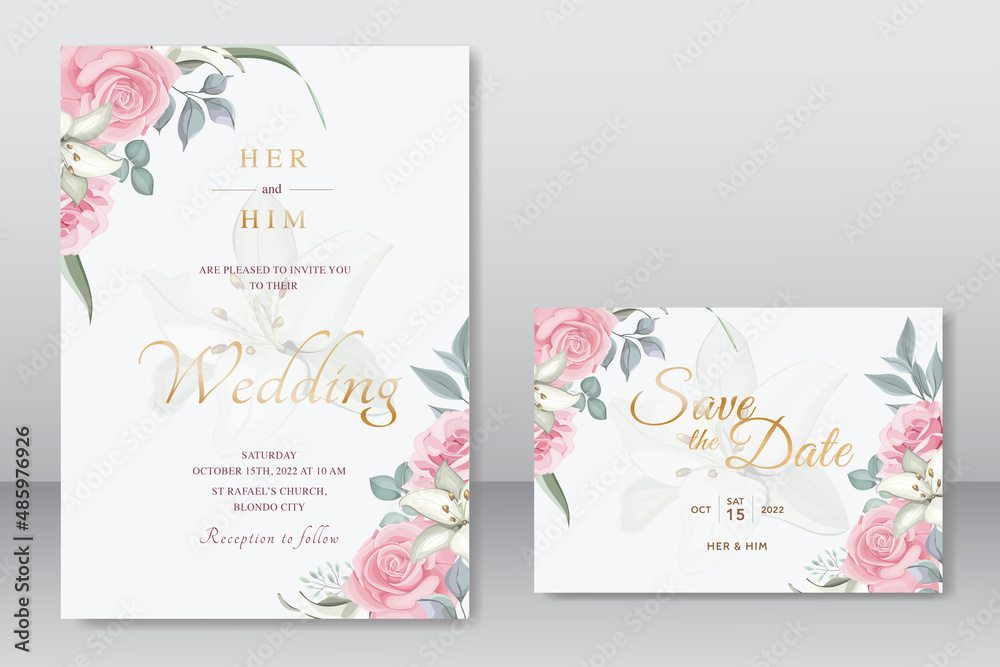Beautiful wedding card with pink floral template