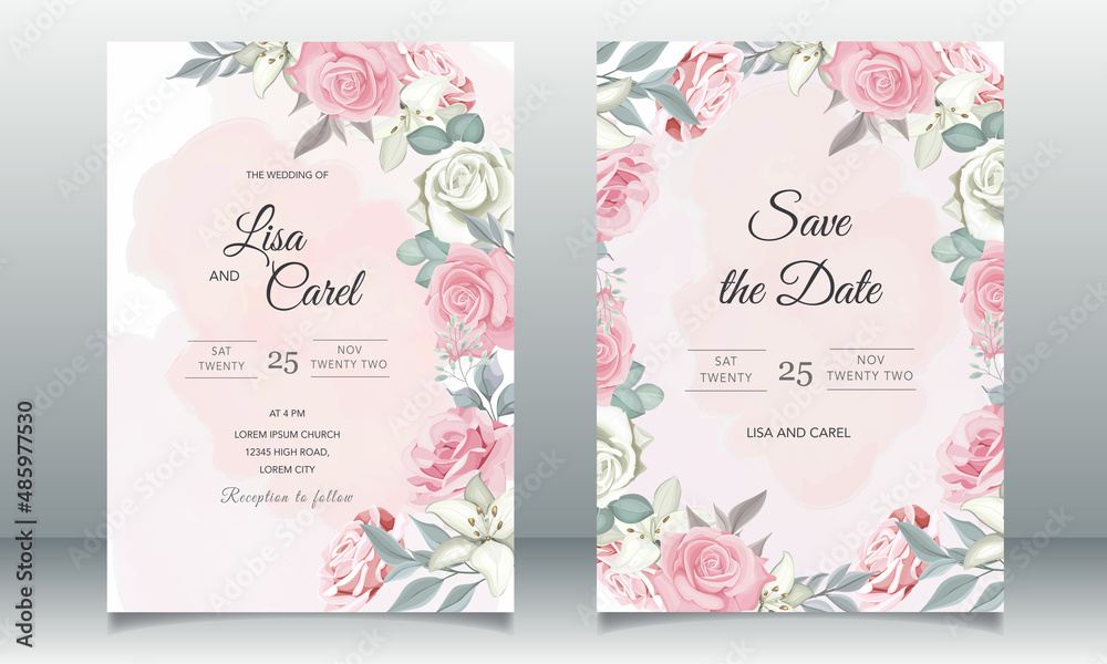 Beautiful wedding card with pink floral template Stock Vector