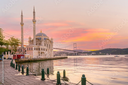 Ortakoy mosque on the shore of Bosphorus in Istanbul in Turkey Fototapet
