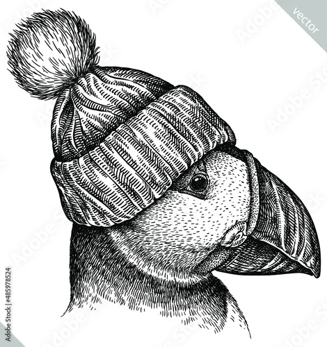 black and white engrave isolated puffin vector illustration