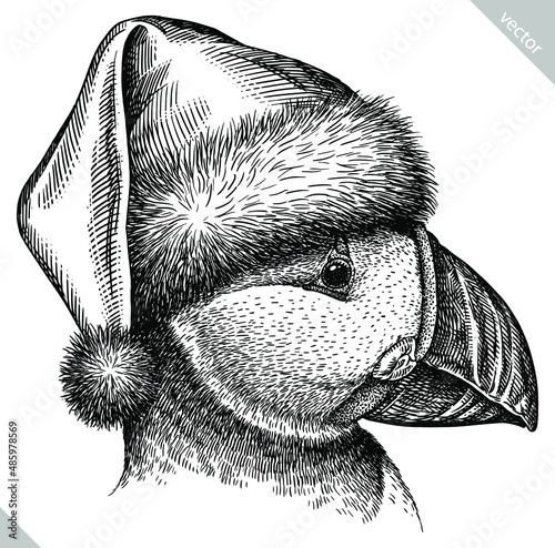 black and white engrave isolated puffin vector illustration