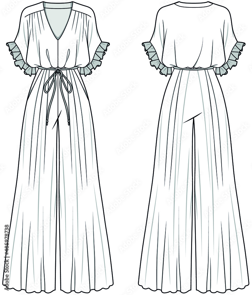 Women Wide Leg Jumpsuit with Frill Sleeve, frilled detailed sleeve flared jumpsuit Front and Back View. Fashion Illustration, Vector, CAD, Technical Drawing, Flat Drawing. Women Wide Leg Jumpsuit with Frill Sleeve, frilled detailed sleeve flared jumpsuit Front and Back View. Fashion Illustration, Vector, CAD, Technical Drawing, Flat Drawing.