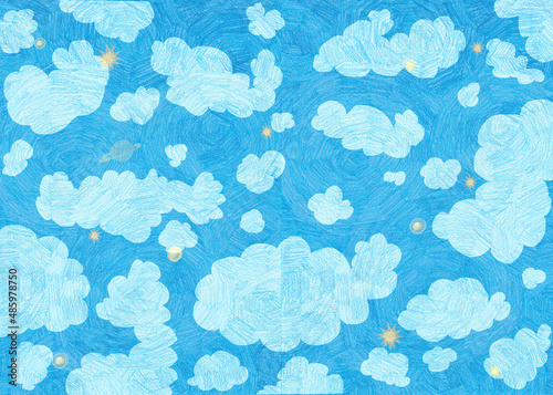 color pensile illustration of blue sky, clouds and stars photo