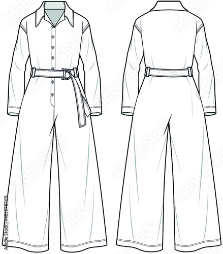 Collared Neck Belted Long Sleeve Jumpsuit, wide leg collared jumpsuit Front and Back View. Fashion Illustration, Vector, CAD, Technical Drawing, Flat Drawing.	 photo