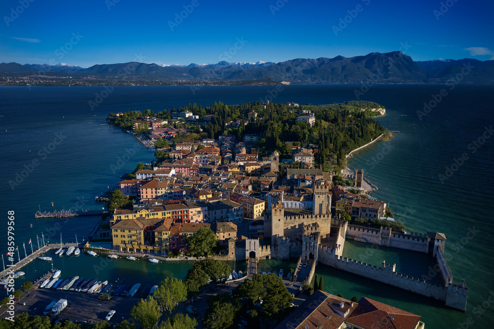 Aerial panorama of Sirmione. Sirmione aerial view. Top view of the historic center of the Sirmione peninsula, lake garda. Lake Garda, Sirmione, Italy. Italian castle on Lake Garda.