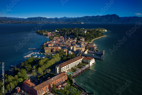 Sirmione aerial view. Top view of the historic center of the Sirmione peninsula, lake garda. Lake Garda, Sirmione, Italy. Italian castle on Lake Garda. Aerial panorama of Sirmione.