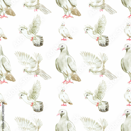 Watercolor seamless pattern with white doves. Great for print, web, textile design, scrapbooking, gift items.