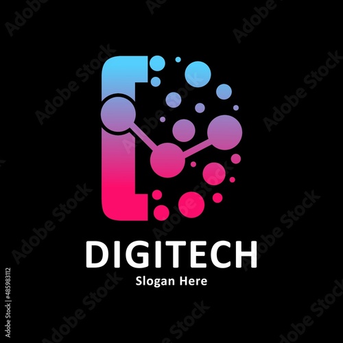 Abstract Letter d with molecule element and dots connection vector design logo. Suitable for biotechnology molecule atom DNA chip symbol, Medicine, science, technology, laboratory, electronics