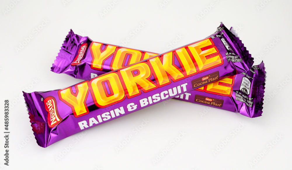 Yorkie Rasin Nestle Yorkie raisin and biscuit milk chocolate bar foil wrapped Stock ...