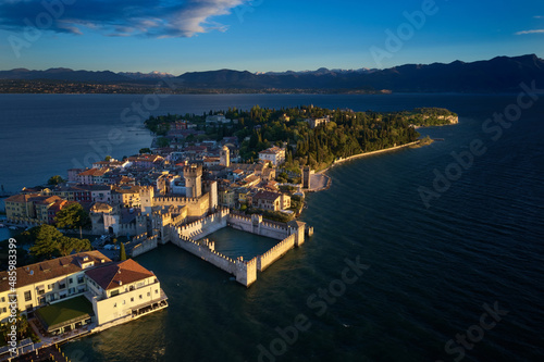 Sirmione aerial view. Top view, historic center of the Sirmione peninsula, lake garda. Aerial panorama of Sirmione. Lake Garda, Sirmione, Italy. Italian castle on Lake Garda.
