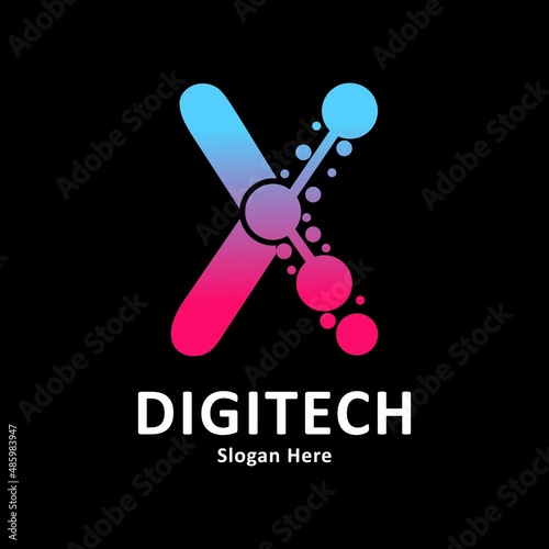 Abstract Letter x with molecule element and dots connection vector design logo. Suitable for biotechnology molecule atom DNA chip symbol, Medicine, science, technology, laboratory, electronics