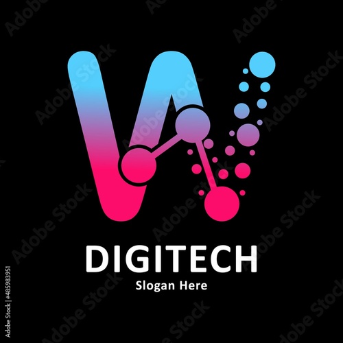 Abstract Letter w with molecule element and dots connection vector design logo. Suitable for biotechnology molecule atom DNA chip symbol, Medicine, science, technology, laboratory, electronics
