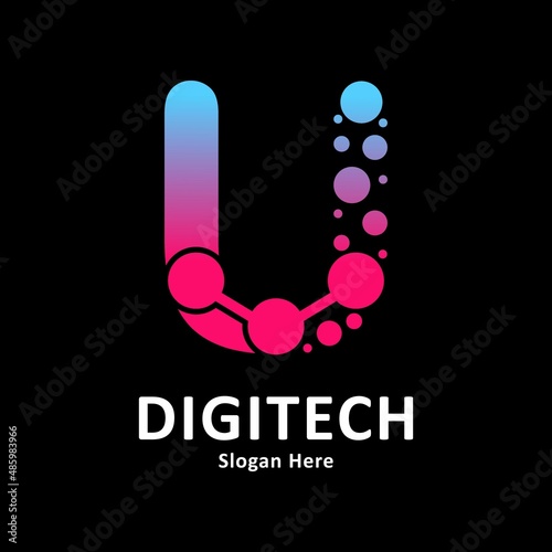 Abstract Letter u with molecule element and dots connection vector design logo. Suitable for biotechnology molecule atom DNA chip symbol, Medicine, science, technology, laboratory, electronics
