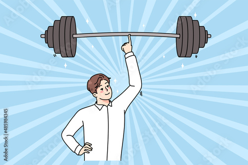 Smiling young businessman hold heavy barbell on finger show power and strength. Happy powerful confident man employee demonstrate success and leadership. Flat vector illustration. 