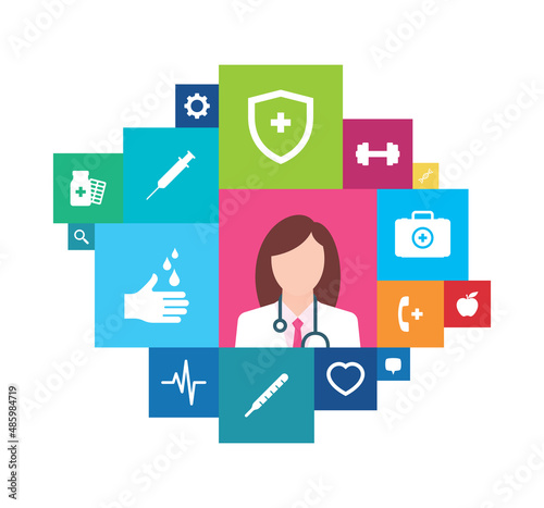 Vector icon set mosaic. Doctor with square icons. Isolated on white background