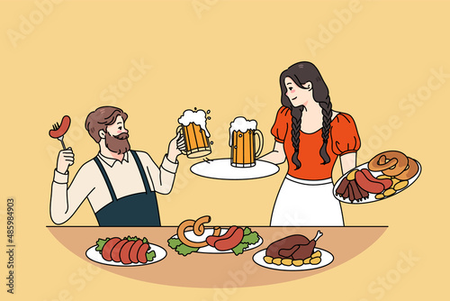 Happy man and woman in traditional clothes celebrate Oktoberfest drink beer eat sausages. Smiling guy and girl enjoy german festival celebrations outdoors. Flat vector illustration. 