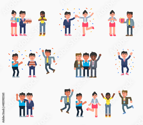 Group of people celebrate success or birthday. Office workers celebrate birthday or other event. Modern vector illustration