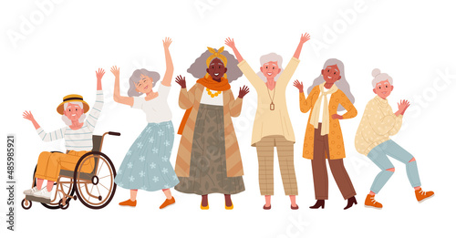 Set of cheerful old ladies standing or sitting in a wheelchair with their arms raised or dancing. Multicultural group of cute grandmothers posing. Elderly and disabled people activity concept