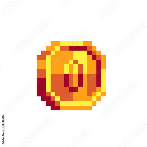 Golden coin. Sticker design. Pixel art icon. Feng shui element. China gold money. 8-bit sprite. Isolated vector illustration.