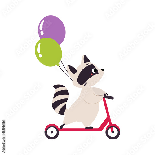 Cute Raccoon Character with Balloons Riding Kick Scooter Vector Illustration