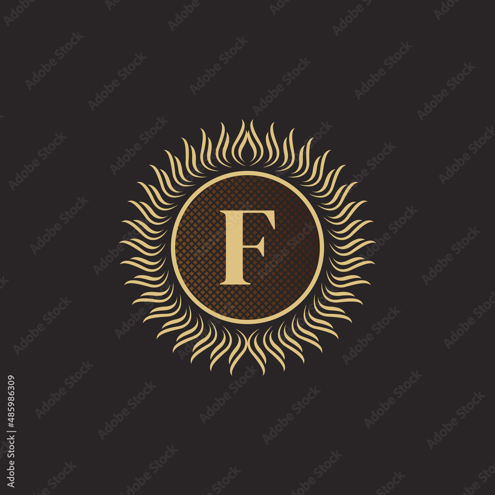 Naklejka premium Emblem Letter F Gold Monogram Design. Luxury Volumetric Logo Template. 3D Line Ornament for Business Sign, Badge, Crest, Label, Boutique Brand, Hotel, Restaurant, Heraldic. Vector Illustration