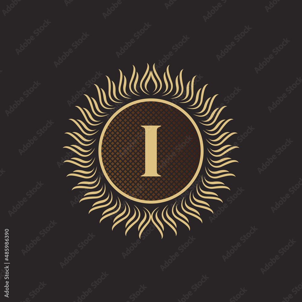 Fototapeta premium Emblem Letter I Gold Monogram Design. Luxury Volumetric Logo Template. 3D Line Ornament for Business Sign, Badge, Crest, Label, Boutique Brand, Hotel, Restaurant, Heraldic. Vector Illustration