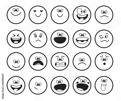 Emoji black and white characters vector set. Emoticon doodle emojis faces with funny and crazy facial emotion for drawing emoticons cartoon character collection. Vector illustration.
