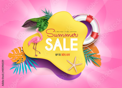 Summer sale vector banner design. Summer sale text up to 30% off discount in abstract shape and tropical elements for seasonal holiday shopping promotion ads. Vector illustration.
