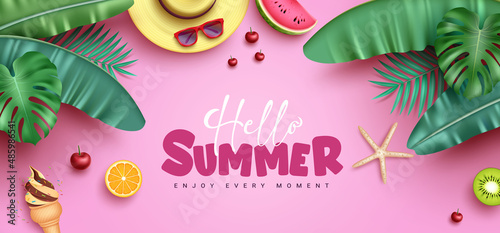 Summer vector background design. Hello summer greeting text in pink space with plant leaves and tropical object elements for holiday season nature flat lay decoration. Vector illustration.
