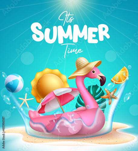 Summer holiday vector design. Summer time text in beach sand island with flamingo floater, umbrella and water splash elements for fun outdoor tropical season vacation. Vector illustration.
