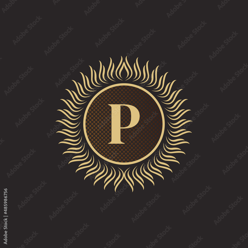 Fototapeta premium Emblem Letter P Gold Monogram Design. Luxury Volumetric Logo Template. 3D Line Ornament for Business Sign, Badge, Crest, Label, Boutique Brand, Hotel, Restaurant, Heraldic. Vector Illustration